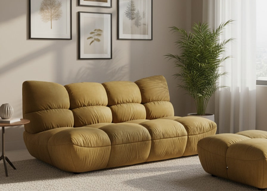 Ein gemütliches senffarbenes Sofa und eine Ottomane in einem hellen Wohnzimmer mit gerahmter Kunst und einer Topfpflanze.