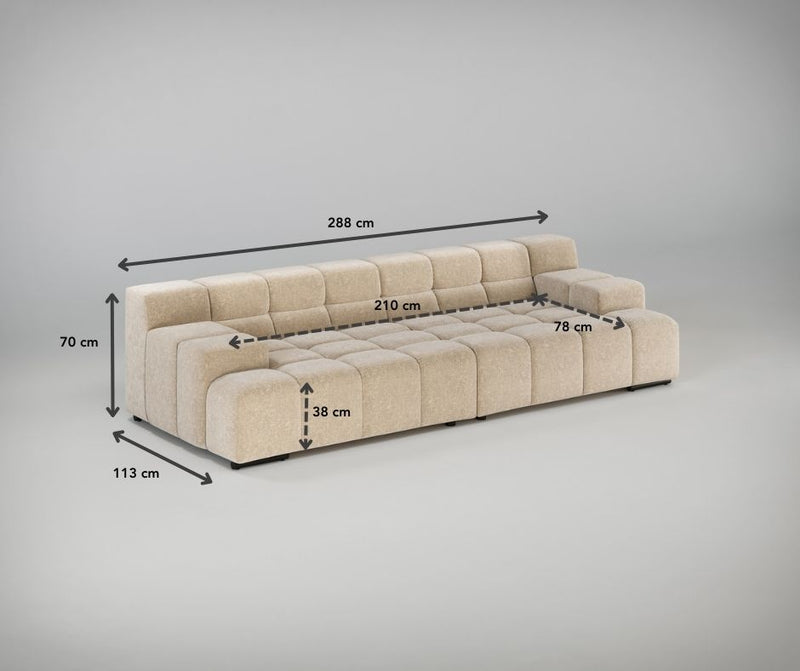 Beigefarbenes modulares Sofa mit sichtbaren Maßen: 288cm breit, 113cm tief, 70cm hoch, und 38cm Sitzhöhe.