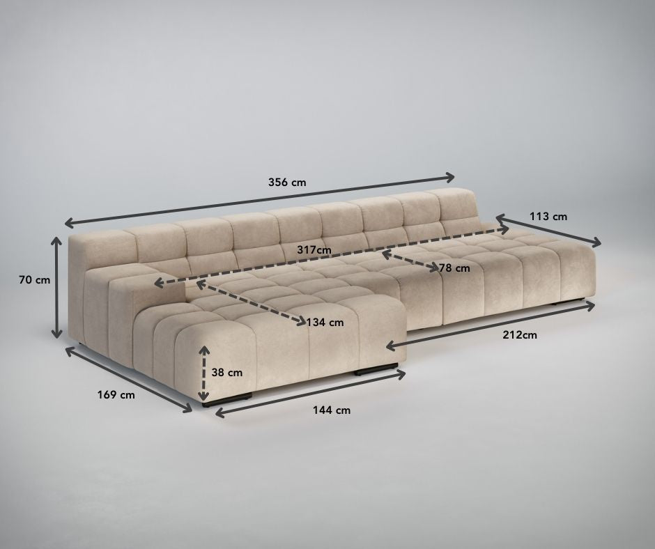 Beigefarbenes Sektionssofa mit verschiedenen Abmessungen, die durch Pfeile in Zentimetern gekennzeichnet sind.
