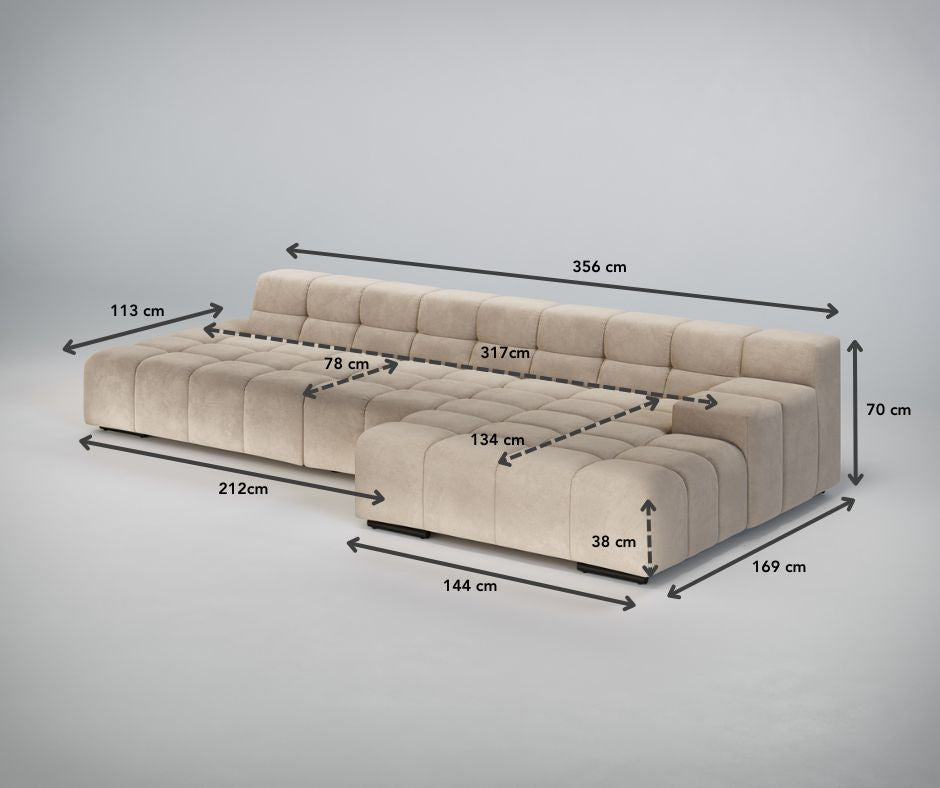 Beigefarbenes Sektionssofa mit detaillierten Längen- und Breitenangaben in Zentimetern.