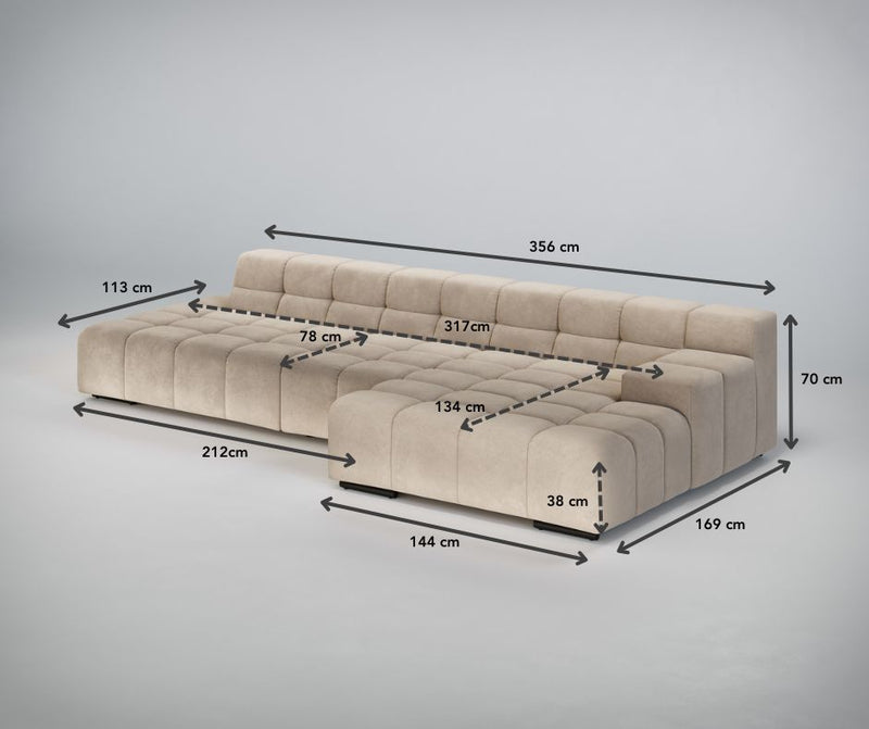 Beigefarbenes Sektionssofa mit detaillierten Längen- und Breitenangaben in Zentimetern.