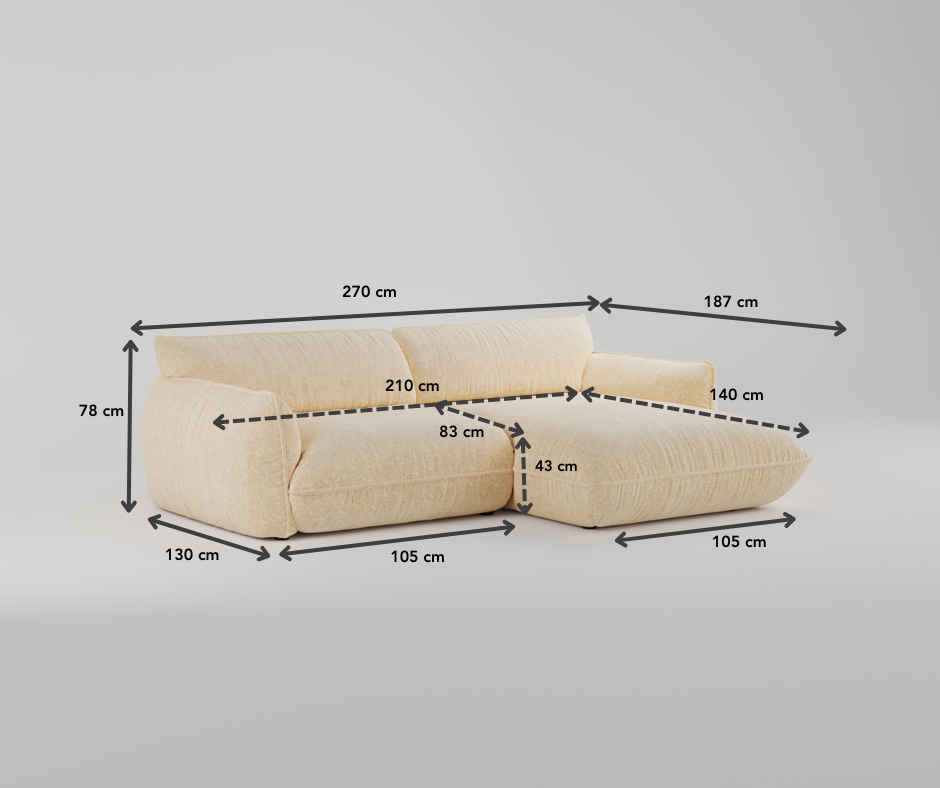 Cremefarbenes Sektionssofa mit Maßangaben in Zentimetern auf einfarbigem Hintergrund.