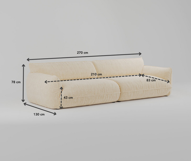 Cremefarbenes Sofa mit beschrifteten Maßen: 270 cm breit, 130 cm tief und 78 cm hoch.