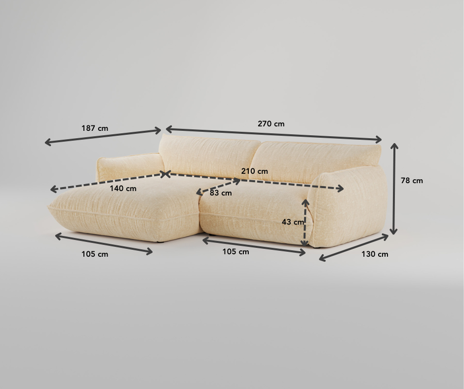 Cremefarbenes Sektionssofa mit detaillierten, in Zentimetern beschrifteten Maßen auf einfarbigem Hintergrund.