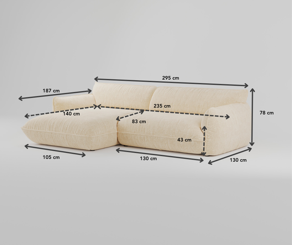 Beigefarbenes Sektionssofa mit schwarzen Pfeilen und Maßangaben zu Breite, Tiefe und Höhe in Zentimetern.