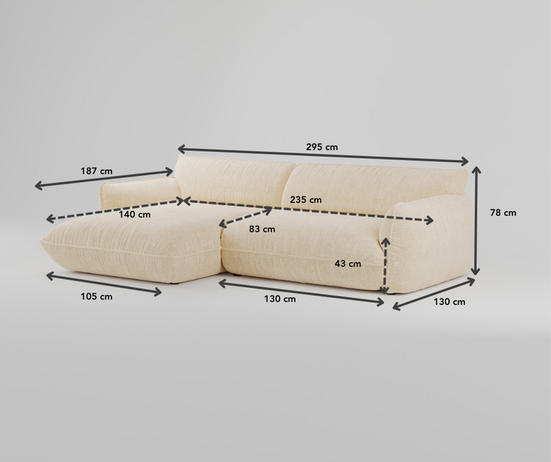 Beigefarbenes Sektionssofa mit schwarzen Pfeilen und Maßangaben zu Breite, Tiefe und Höhe in Zentimetern.
