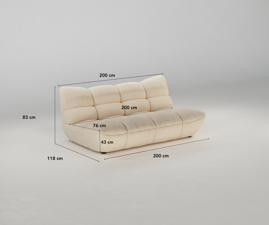 Cremefarbenes Sofa mit getufteten Polstern, abgebildet mit beschrifteten Abmessungen in Zentimetern.