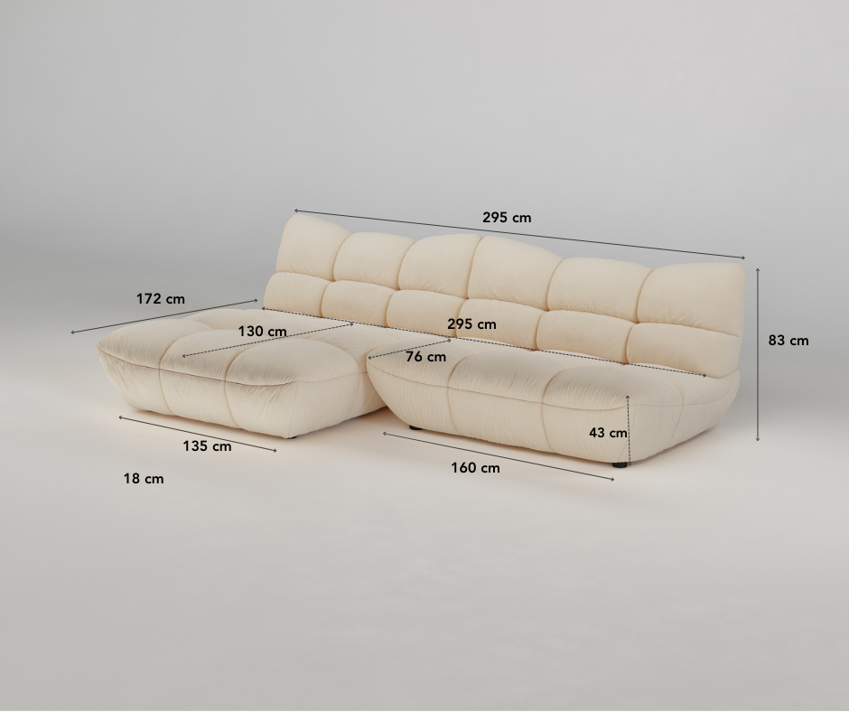 Cremefarbenes Sektionssofa mit beschrifteten Abmessungen in Zentimetern auf einfarbigem Hintergrund.