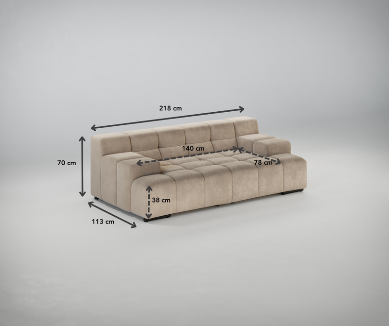 Beigefarbenes Sofa mit den angegebenen Maßen: 218x113x70 cm, Sitzfläche 140x78 cm, Sitzhöhe 38 cm.