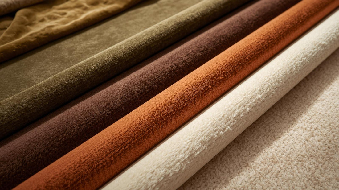 Weiche Stoffrollen in erdigen Braun-, Hellbraun-, Orange- und Cremetönen sind nebeneinander angeordnet.