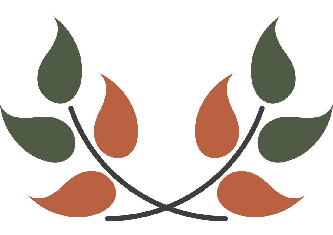 Zwei gekreuzte Zweige mit grünen und orangefarbenen Blättern, die symmetrisch auf einem weißen Hintergrund angeordnet sind.