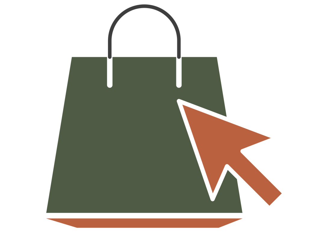 Einkaufstasche mit einem großen orangefarbenen Pfeil, der auf sie zeigt, auf weißem Hintergrund.